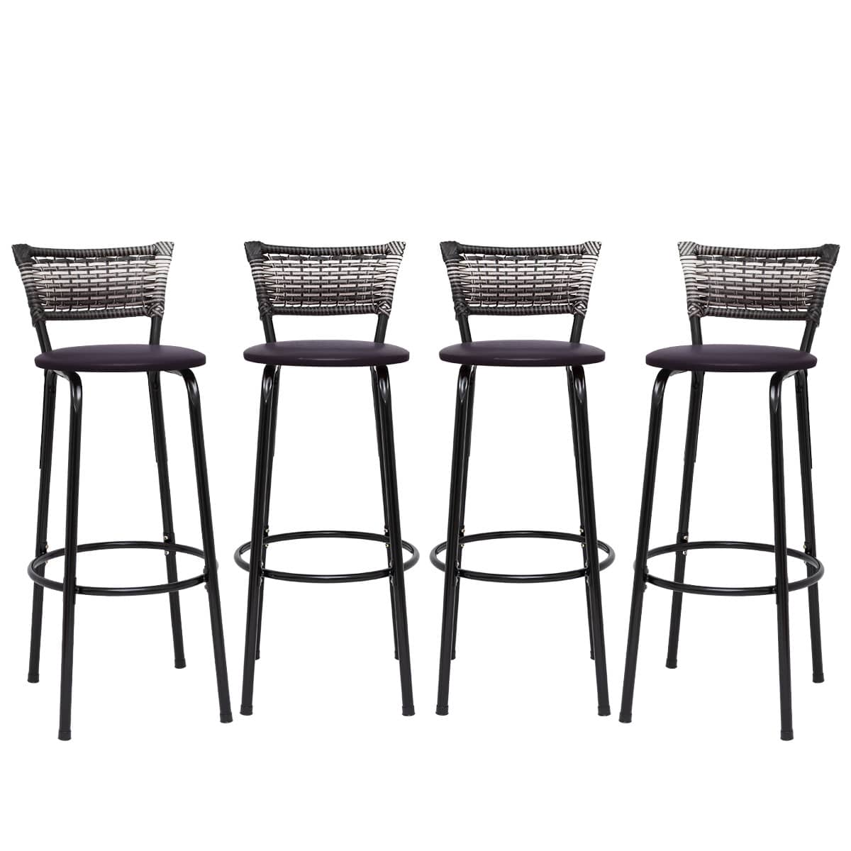 Set Of 4 High Stools With Black Frame And Gradient Wicker Backrest - Ideal For Counters, Islands, Worktops, Gourmet Areas, Bars, American Kitchens, And Pools - 深棕色座椅 - 查看 1
