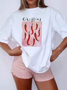 Casual Short-Sleeved Printed T-Shirt. 100% Cotton. 1 Pack. Spring/Summer 2025 Collection. Women's T-Shirt, Casual Style, Loose Fit, 100% Cotton, Breathable Fabric, Comfortable To Wear, Suitable For Everyday Wear, Unique Design. Short-Sleeved T-Shirt. Spring/Summer Top. - White - View 4