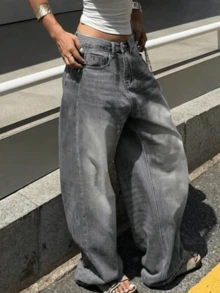 Women's Plus Size Denim Jeans (Couple Style - Ultra Loose Fit), Spring Fashion Jeans (Plus Size Wide Leg Pants), Ultra Loose Fit, High Waist, Full Length, Casual Outdoor Pants, Multi-Functional Daily Wear, Suitable For Family Leisure, Slim Fit For Teenagers To Adults, Minimalist Design, Durable Jeans - 灰色*旗艦款 - 查看 5