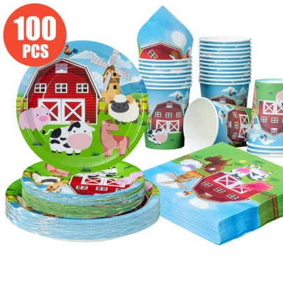 快乐农场25人份一次性餐盘、餐巾纸和杯子，农场主题派对用品，适合生日、婚礼、派对、家庭野餐