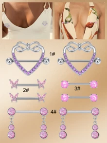 CIZME 1pair Sparkling Zirconia Pink Heart & Butterfly Nipple Barbells Nipple Rings,14G Heart Shaped Dangle Nipple Barbells Rings,Nipple Piercing Jewelry,Romantic Date Night Accessory Valentine's Day Gift - Silver - View 2