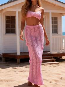 Women's 2pcs Beach Cover Up Halter Neck Crochet Flower Tops Long Knit Hollow Out Skirt Boho Vacation Party Going Out Outfit - 粉色 - 查看 2