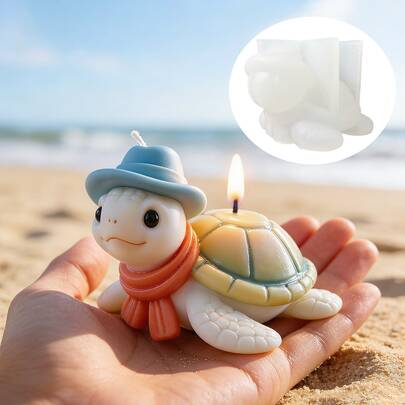 可爱戴绅士帽的乌龟硅胶蜡烛模具，DIY戴围巾乌龟蜡烛模具，适用于树脂、石膏、粘土、混凝土、水泥工艺品、礼品和家居装饰