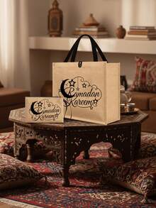 حقيبة كتان كبيرة السعة مع فانوس، فانوس خيوط، فانوس، هلال وأنماط نجوم، رمضان كريم، دافئ مقدس، عناصر منزلية احتفالية، بركات مكتوبة، هدية إسلامية، هدية عيد - متعدد الألوان - مشاهدة 3