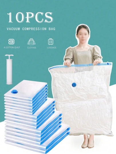 10pcs Vacuum Compression Storage Bags - Double Valve Seal Bags With Manual Air Pump, Suitable For Travel Clothes, Bedding, Comforters, Pillows, Blankets To Save Space, Applicable For Home, Dorm, Closet, Bedroom, Bathroom, Luggage