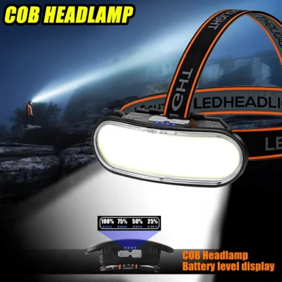 1个超亮COB钓鱼头灯，便携式户外露营工作灯，带白光和红光，电池电量显示