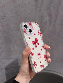 1pc Minimalist Personalized Pink Bow Heart Pattern Transparent Soft Phone Case, Anti-Slip Anti-Drop Anti-Yellow Lightweight Full Coverage Soft Shell Compatible With Apple Phones - Multicolor - View 4