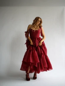 Maxi A Line Dress For Women Sleeveless Tie Shoulder U-Neck Split Hem Cross Bandage Ball Gown - 酒紅色 - 查看 9