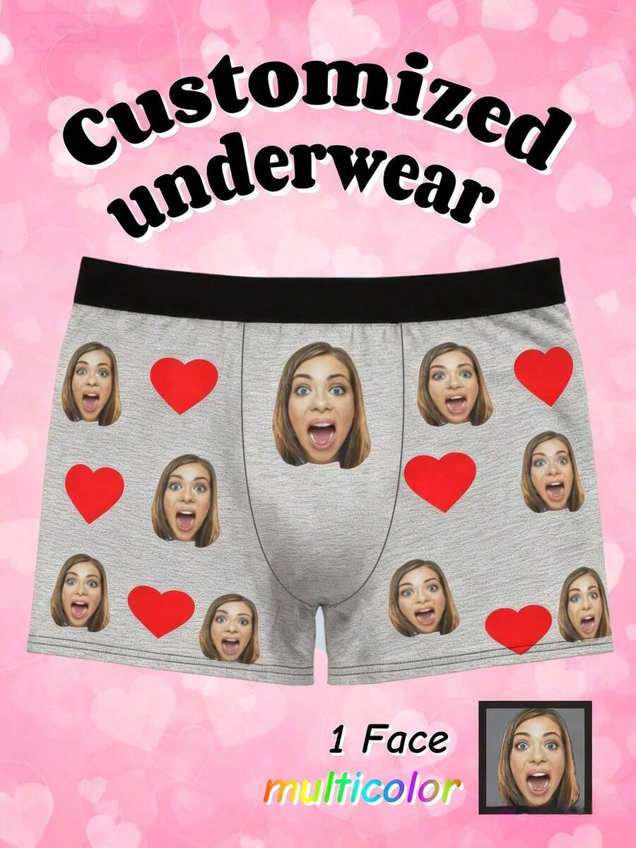Customizable Photo & Graphic Print Men's Boxer Briefs, Personalized Fashion & Fun Style, Suitable For Daily Wear And Gift Giving - Grey - View 1