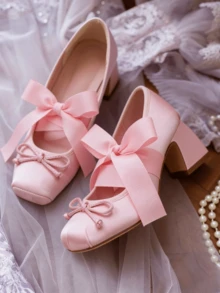 Elegant Cute Womens Ballet High Heels Round Toe Bow Decors Lace Up Block Heel Ballerina Dancing Shoes Party Dressy Occasions Heeled Shoes - Hồng - Xem 2
