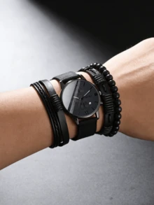 1 Set Orologio da Uomo, include 1 Orologio Casual Sportivo Stile Industriale Rotondo al Quarzo con Funzione Calendario, abbinato a Cinturino in Pelle Intrecciata Stile Punk, adatto per Uso Quotidiano, Regalo di Compleanno, Feste e Raduni, Idea Regalo Perfetta per Te o i Tuoi Amici. Senza Confezione Regalo. - nero - Visualizzare 4