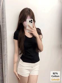 Áo thun nữ cổ chữ U tay ngắn màu trơn, áo lót dáng ôm đa năng thoải mái cho mùa hè màu đen. - màu đen - Xem 4