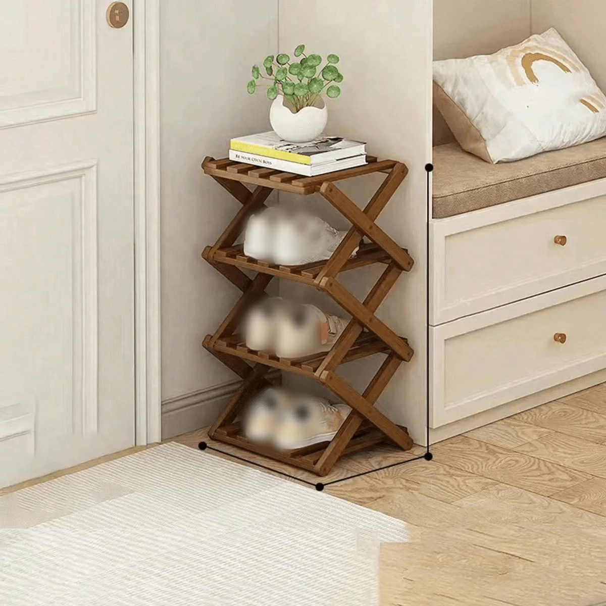 1 chiếc kệ giày gấp gọn đơn giản bằng tre, không cần lắp đặt, dùng để cất giày dép ở lối vào. - màu nâu - Xem 1