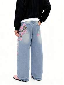 ONE.DINY 男士街头时尚梅花刺绣水洗阔腿牛仔裤 2026 中美街头风宽松裤 - 藍色 - 查看 2