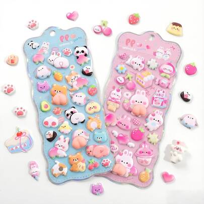 2-Tone Foam Stickers - Cute Blue & Pink Animal & Food Design Stickers, Student Stationery, Planner Decor, Creative Stress Relief Stickers (Lovely Valentine's Day Gift)