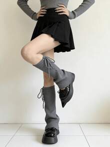 1 双白色/灰色蝴蝶结针织腿套，纯色喇叭形袜口，适用于雪地靴 - 彩色 - 查看 10