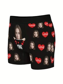1pc Customized Face Print Men's Briefs, Personalized Gift For Boyfriend/Husband, Printed With "I Love You" And A Red Heart - Multicolor - View 3