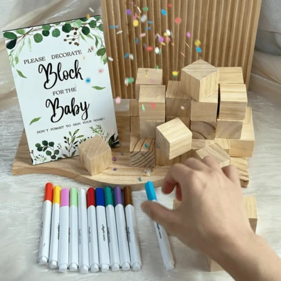 互动式迎婴派对游戏套装，装饰木块，30块空白木块，配12支马克笔和1个指示牌，适用于性别揭晓派对、留言簿、派对礼品、DIY手工