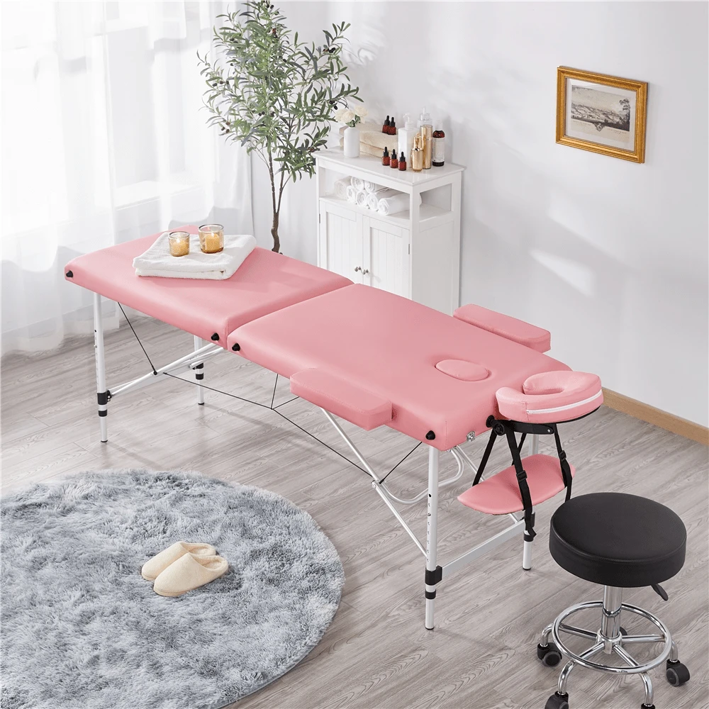 Butterslay 2-Fold Portable Massage Table Multi-Functional Adjustable Spa Table With Headrest & Armrests & Hand Pallet Foldable Massage Bed For Salon Spa Lash Studio Pink/Black