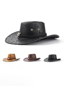 1pc Unisex Solid Color PU Leather Cowboy Hat, Unique Shiny 3D Steer Head Design With Leather & Metal Wide Belt Decor, Wide Brim Sun Protection Hat, Adjustable Strap, Cyberpunk Stylish Punk Retro Vibe, Suitable For Parties, Western Themed Events, Cosplay, Street Style Looks, Gifts For Men - Silver Bull Cowboy Hat - View 12