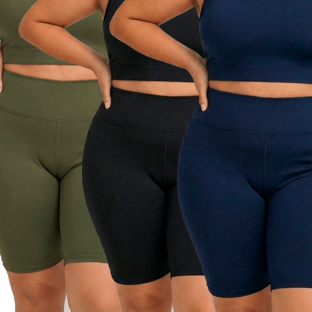 Set Of 3 Women's Plus Size Bermuda Shorts In Supplex, High Waist, Leggings/Fitness/Gym Suit, Sizes GG To G3 - 黑色,綠色和藍色 - 查看 1