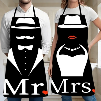 1PC Mr. And Mrs. Matching Couple Aprons - Vintage Tuxedo & Dress Print Kitchen Cooking Aprons For Kitchen Baking, Barbecue, And Creative Gifts