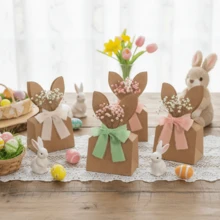 12/24 Pcs Easter Gift Bags, Cowhide Paper Rabbit Ears Party Favor Bags, Boho Style Neutral Bow Ribbon Artificial Flowers Rustic Paper Bunny Gift Boxes Easter Party - Multicolor - View 1