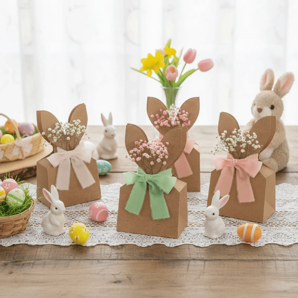 12/24 Pcs Easter Gift Bags, Cowhide Paper Rabbit Ears Party Favor Bags, Boho Style Neutral Bow Ribbon Artificial Flowers Rustic Paper Bunny Gift Boxes Easter Party - Multicolor - View 1