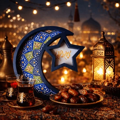 开斋节快乐 月亮星星糖果甜点托盘 木质托盘 蛋糕食物托盘 伊斯兰穆斯林斋月节 家居派对装饰