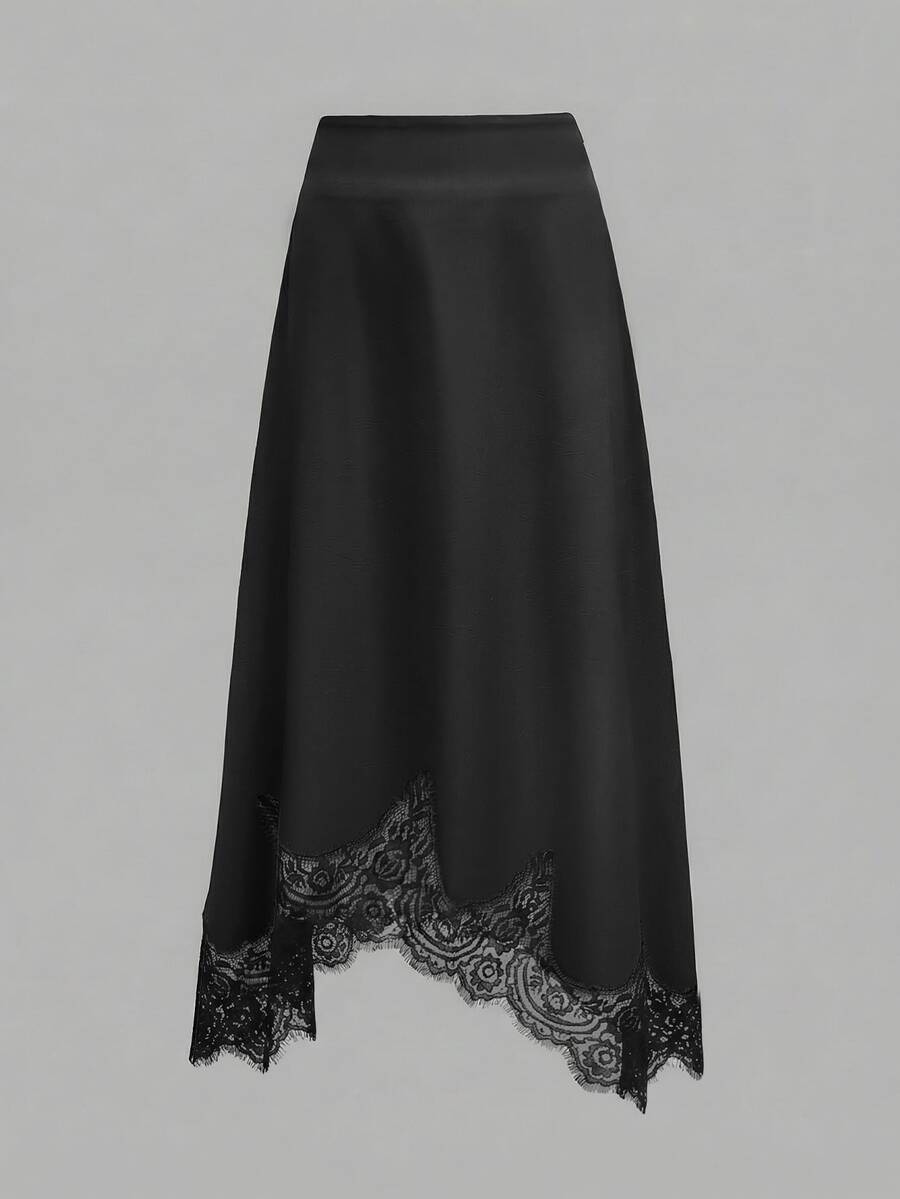 Chân váy nữ thanh lịch bằng vải satin phối ren tương phản, vạt bất đối xứng, bề mặt bóng mượt, kiểu dáng tối giản và thời trang, phù hợp cho cả mặc hàng ngày và hẹn hò, màu đen xuân hè. - màu đen - Xem 1