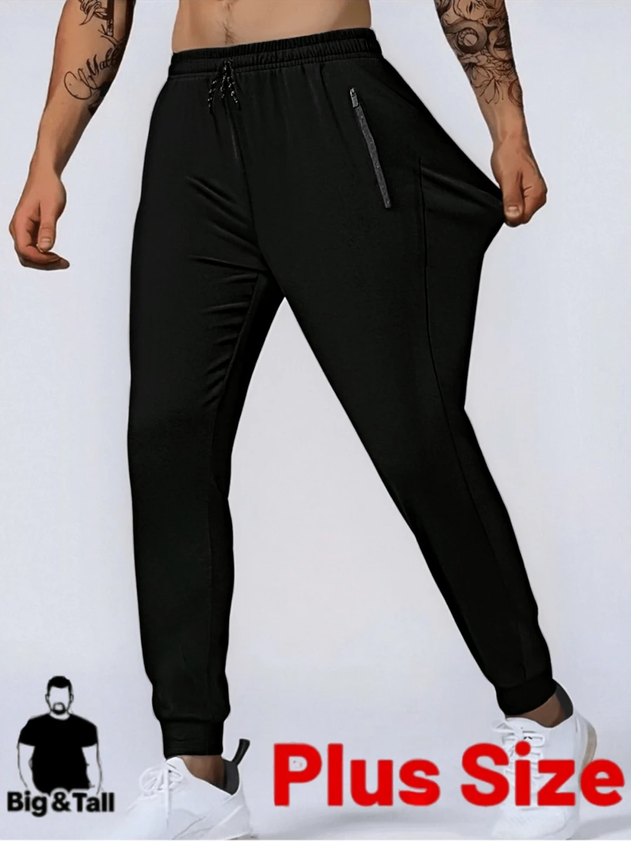 男士加大码春夏抽绳腰运动裤，100% 涤纶面料，可机洗，速干，透气，休闲日常穿着 - 黑色 - 查看 1