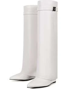 Luxury Fashion Women Fold Over Pointy Pull-On Shark Boots Women Wide Calf Padlock Boots Nightclub Elegant Shoes - 白色1 - 查看 2