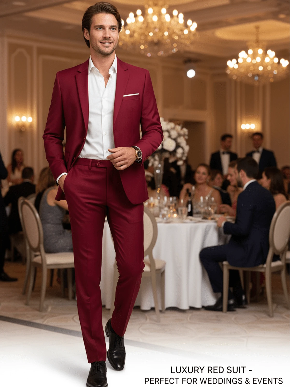 Setelan Jas Pria 2 Potong, Termasuk Jaket Blazer dan Celana Panjang, Cocok untuk Bisnis, Pernikahan, Pesta, Perjamuan, dan Acara Formal Lainnya, Setelan Jas Slim Fit Lengan Panjang Warna Polos Elegan, Ukuran XS-XXXL - Burgundy - View 1