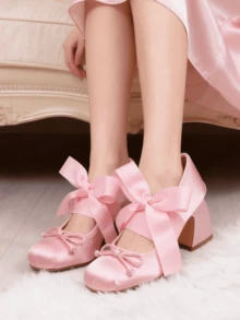 Elegant Cute Womens Ballet High Heels Round Toe Bow Decors Lace Up Block Heel Ballerina Dancing Shoes Party Dressy Occasions Heeled Shoes - Hồng - Xem 5