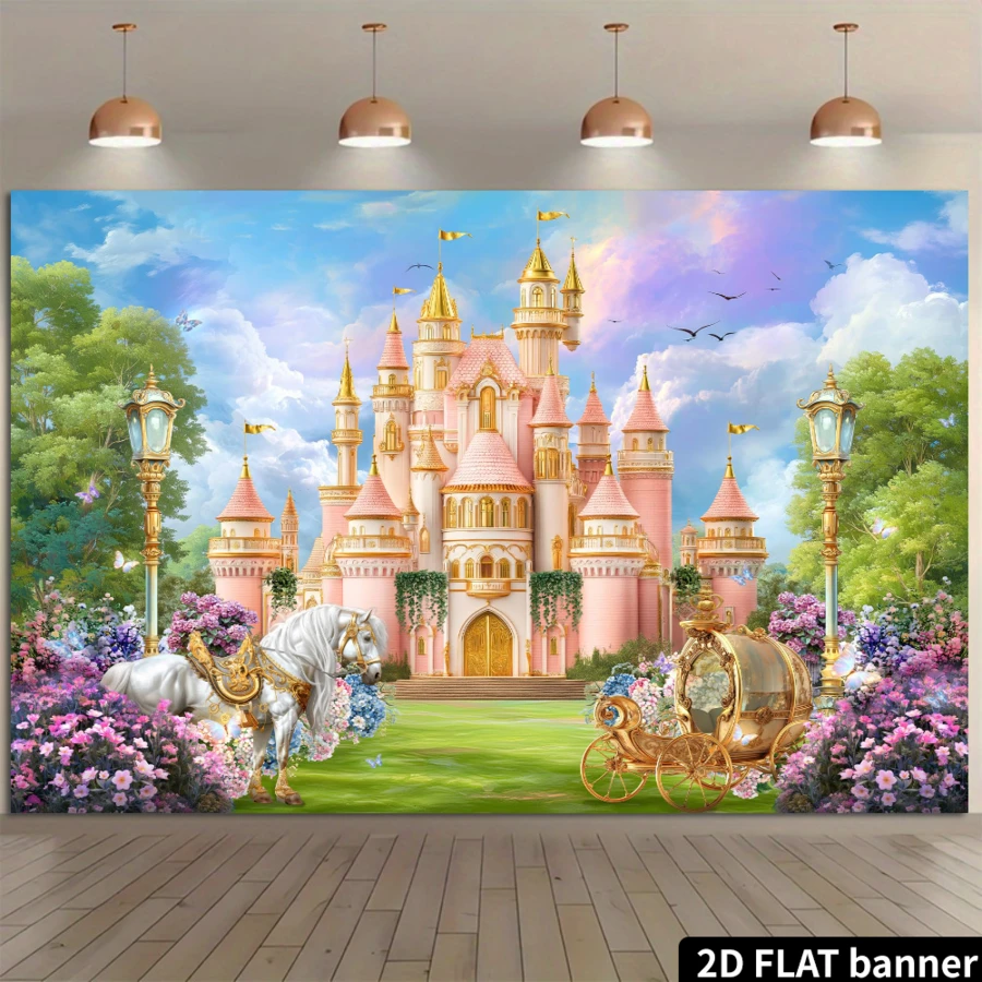 Telón de fondo de castillo de princesa de cuento de hadas, incluye castillo rosa y dorado, flores y mariposas de colores, material de poliéster duradero, sin necesidad de energía, adecuado para fiestas de cumpleaños con temática de princesa, uso en interiores y exteriores, se puede usar como decoración de pared, suministros para fiestas, se adapta a reuniones en el hogar, escenas de habitación de niña, crea una atmósfera de princesa soñadora