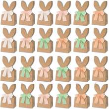 12/24 Pcs Easter Gift Bags, Cowhide Paper Rabbit Ears Party Favor Bags, Boho Style Neutral Bow Ribbon Artificial Flowers Rustic Paper Bunny Gift Boxes Easter Party - Multicolor - View 11