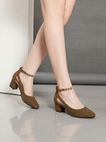 Giày cao gót đế dày dành cho nữ, có quai, đính đá và thiết kế khoét rỗng. - Màu nâu  Mocha - Xem 5