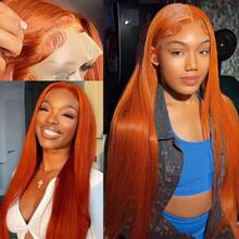 36 38Inch 350# Ginger Orange Lace Front Wig Human Hair Brazilian Virgin Straigth Lace Front Wigs Human Hair 250% Density 350# Colored Human Hair Wig 13x4 Transparent HD Lace Frontal Wig For Women 350# Colored Pre Plucked With Baby Hair - S350 - 查看 5