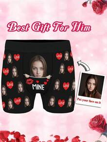 1pc Customized Face Print Men's Briefs, Personalized Gift For Boyfriend/Husband, Printed With "I Love You" And A Red Heart - Multicolor - View 1