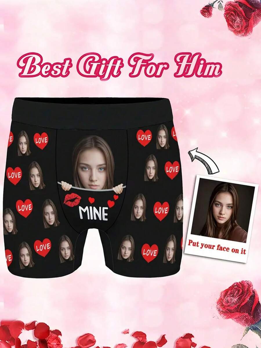 1pc Customized Face Print Men's Briefs, Personalized Gift For Boyfriend/Husband, Printed With "I Love You" And A Red Heart - Multicolor - View 1