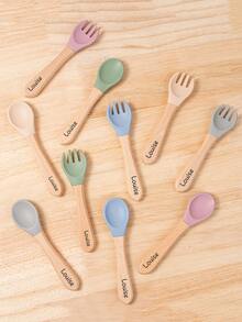 Customized Text Logo Fork & Spoon Set, Silicone Utensils With Wooden Handles, Personalized Name Engraved, Vibrant Colors Suitable For Young People, Durable Cutlery - Multicolor - View 3