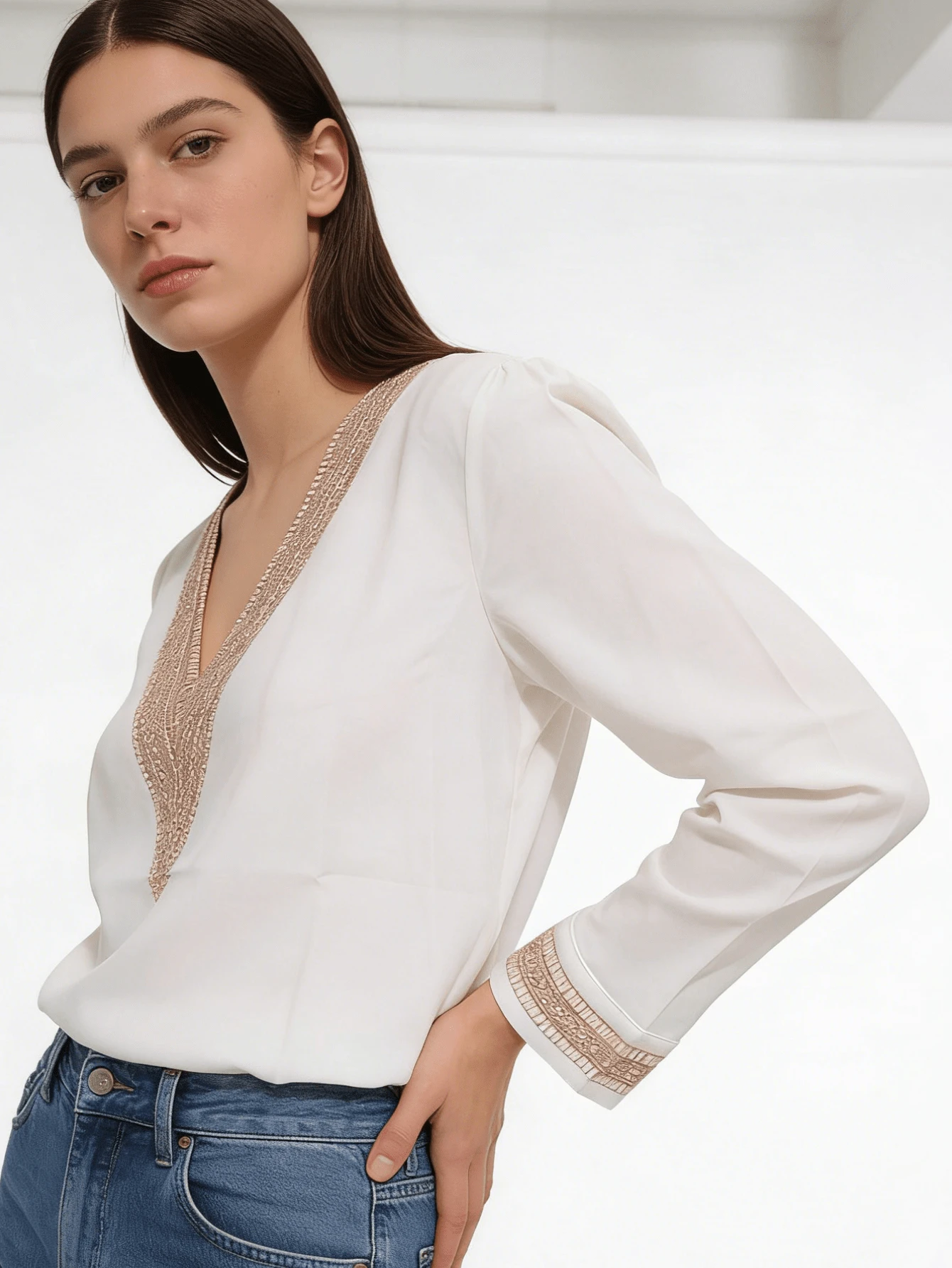 New Women's V-Neck Long Sleeve White Blouse, Elegant & Fashionable Casual Satin Chiffon Top - White - View 1