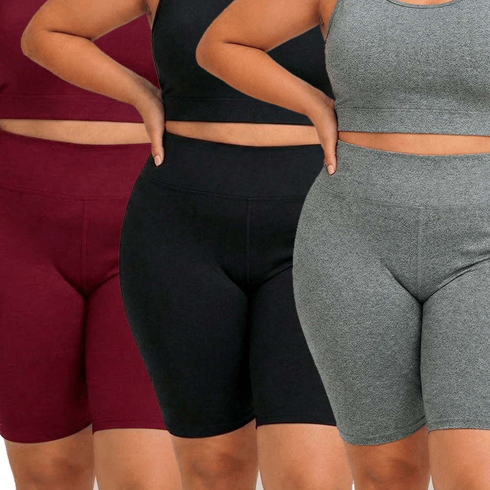 Set Of 3 Women's Plus Size Bermuda Shorts In Supplex, High Waist, Leggings/Fitness/Gym Suit, Sizes GG To G3 - 黑色,邊框和灰色 - 查看 1