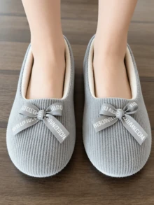 Women's New Solid Color Ballet Flats, Corduroy Material With Bow Decor, Indoor Comfortable Quiet Non-Slip Soft Bottom Fluffy Slip-On Slippers - Grey - View 5