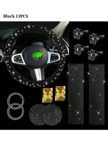 7件套汽车配件套装,女士汽车配件,亮面方向盘套,亮面汽车杯垫,亮面套装,安全带肩垫,圆形Logo贴纸,换挡杆套 - 款式A - 查看 22
