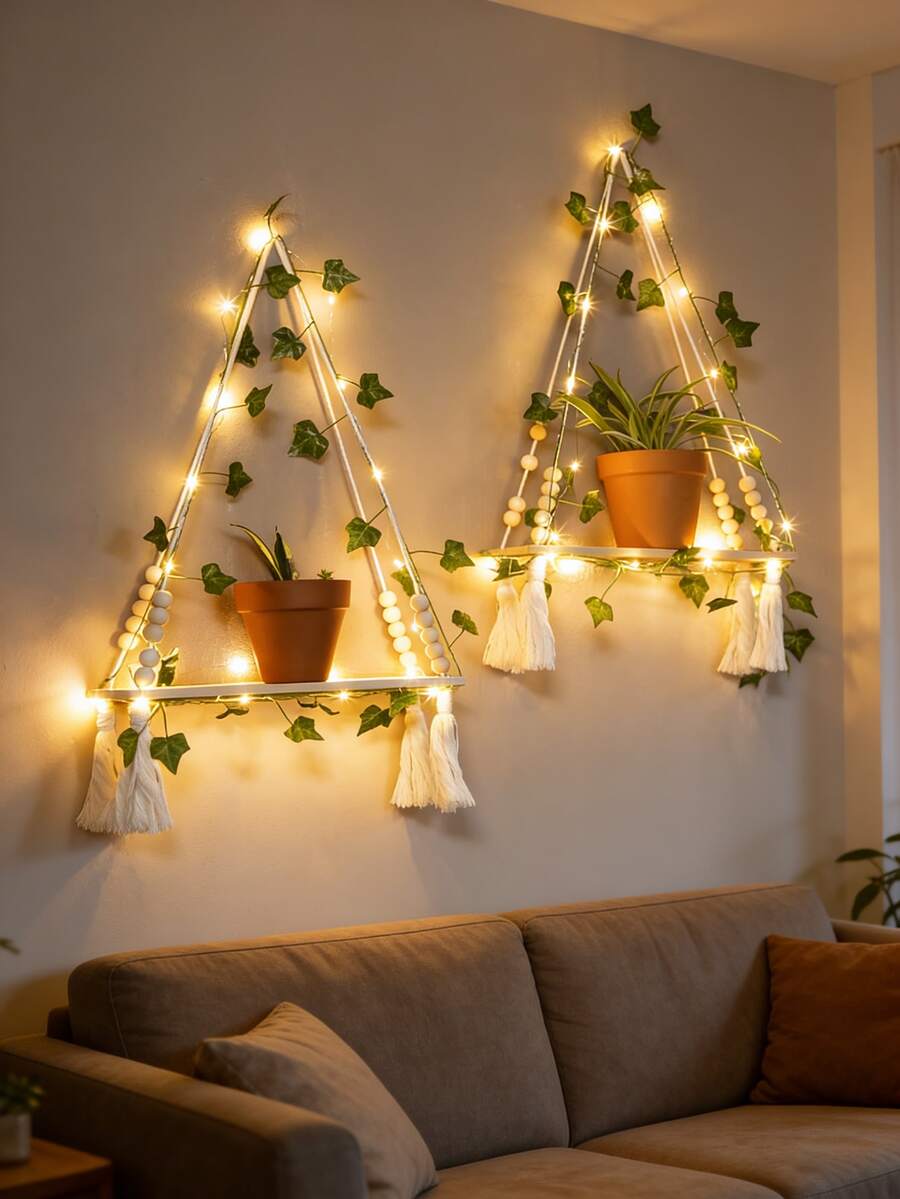 Artificial Ivy LED Light Strip With Wall Mounting Bracket, Suitable For Bedroom, Bathroom, Living Room, Kitchen, Wooden Hanging Plant Rack For Wall Decor (Batteries Not Included)