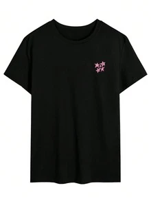 Camiseta gráfica casual de hombre con estrellas y eslogan, de verano, estilo emo - Negro - Ver 2