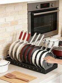 2pcs Adjustable Plastic Pot Rack Organizer With Retractable Lid Holder, Cutlery Rack, Dishwashing Board & Pull-Out Drawer For Kitchen Storage And Organizatio - Negro - Ver 1