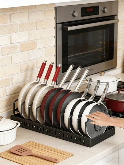 2pcs Adjustable Plastic Pot Rack Organizer With Retractable Lid Holder, Cutlery Rack, Dishwashing Board & Pull-Out Drawer For Kitchen Storage And Organizatio