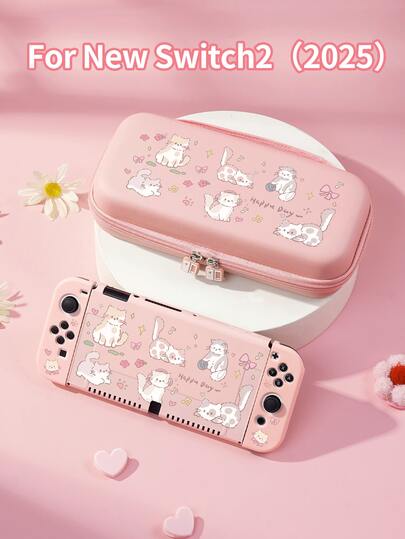 1pc Ins Style Cat & Bow Graphic Switch/Switch 2 Console Protective Case, Compatible With New Switch 2 (2025)/Switch NS/Switch OLED/Lite, Switch Gaming Accessories, Full Set Including Storage Pouch, Card Slot Base, Best Gift Compatible With Switch Players